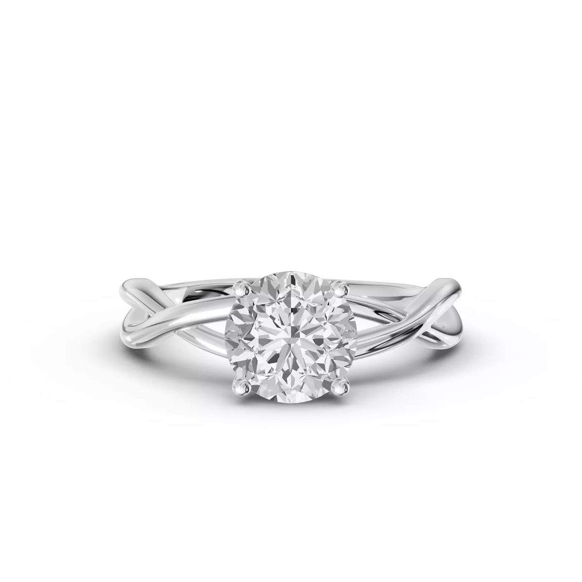 round lab grown diamond engagement ring in metal, three-quarter view