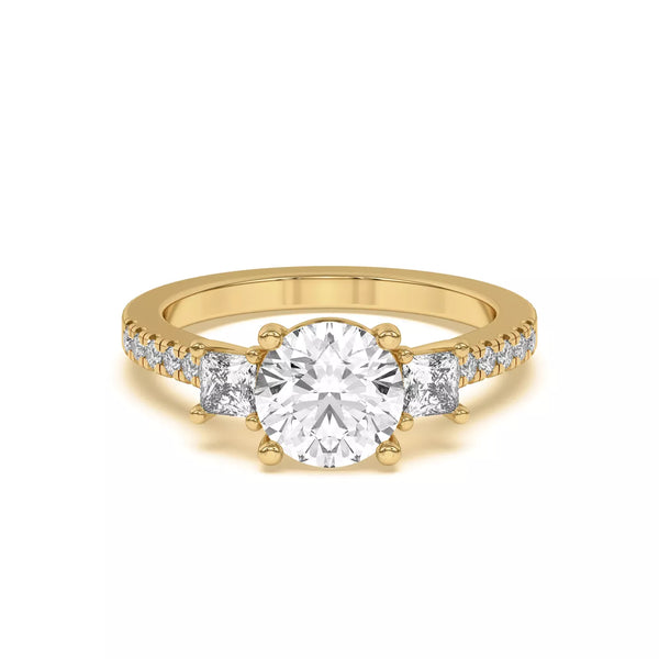 Tria Pavé Round cut and Side Stone Princess Lab Accent Three-Stone Ring