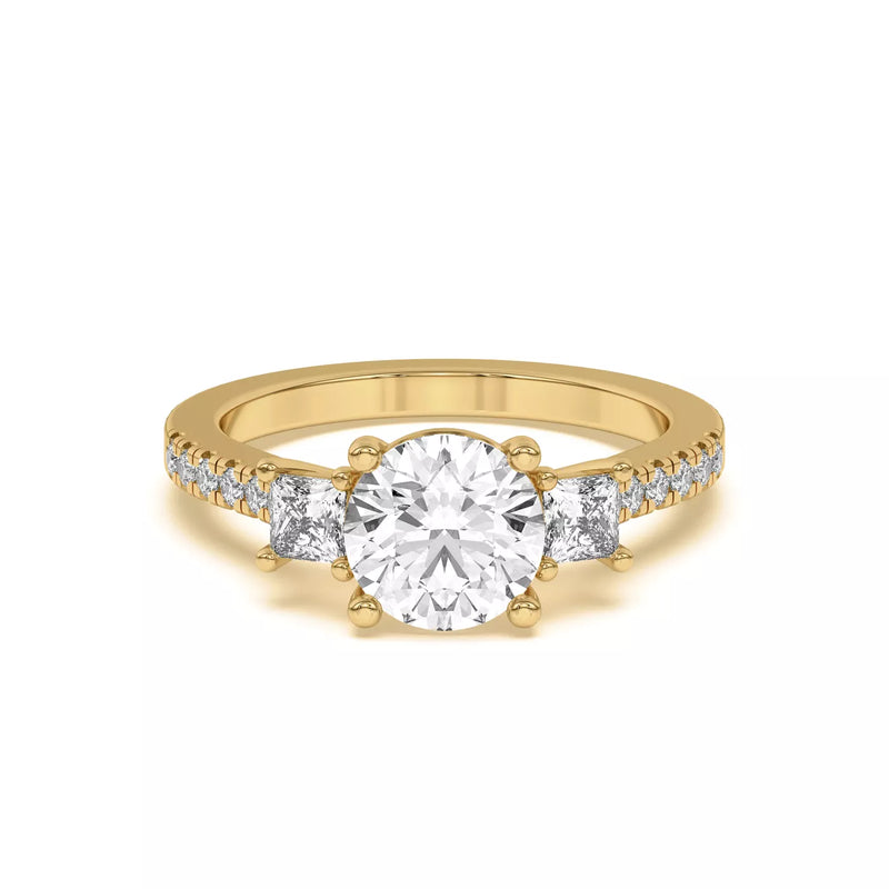 Tria Pavé Round cut and Side Stone Princess Lab Accent Three-Stone Ring