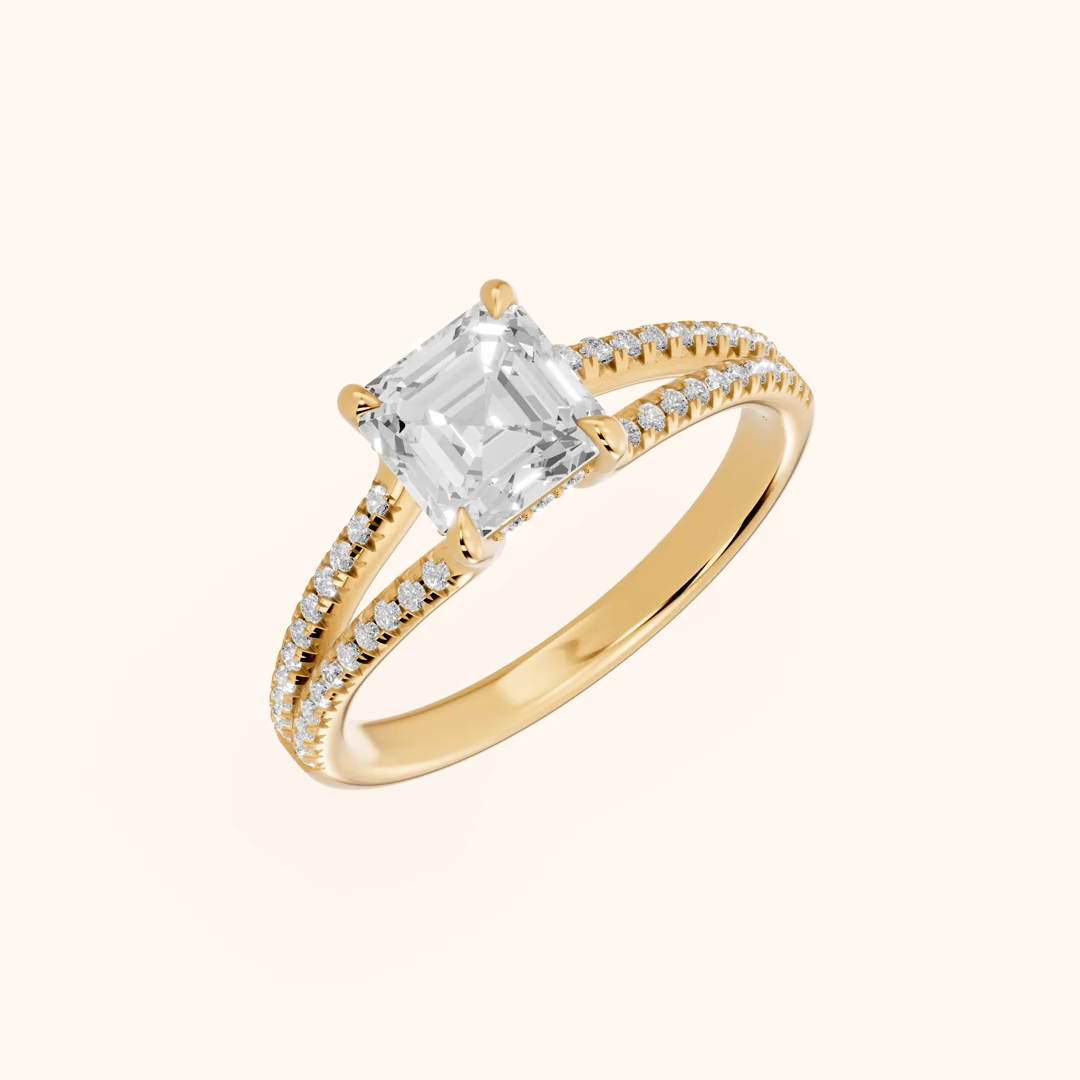 Asscher Cut Pavé Solitaire Engagement Ring – Lab Grown Diamond & Moissanite