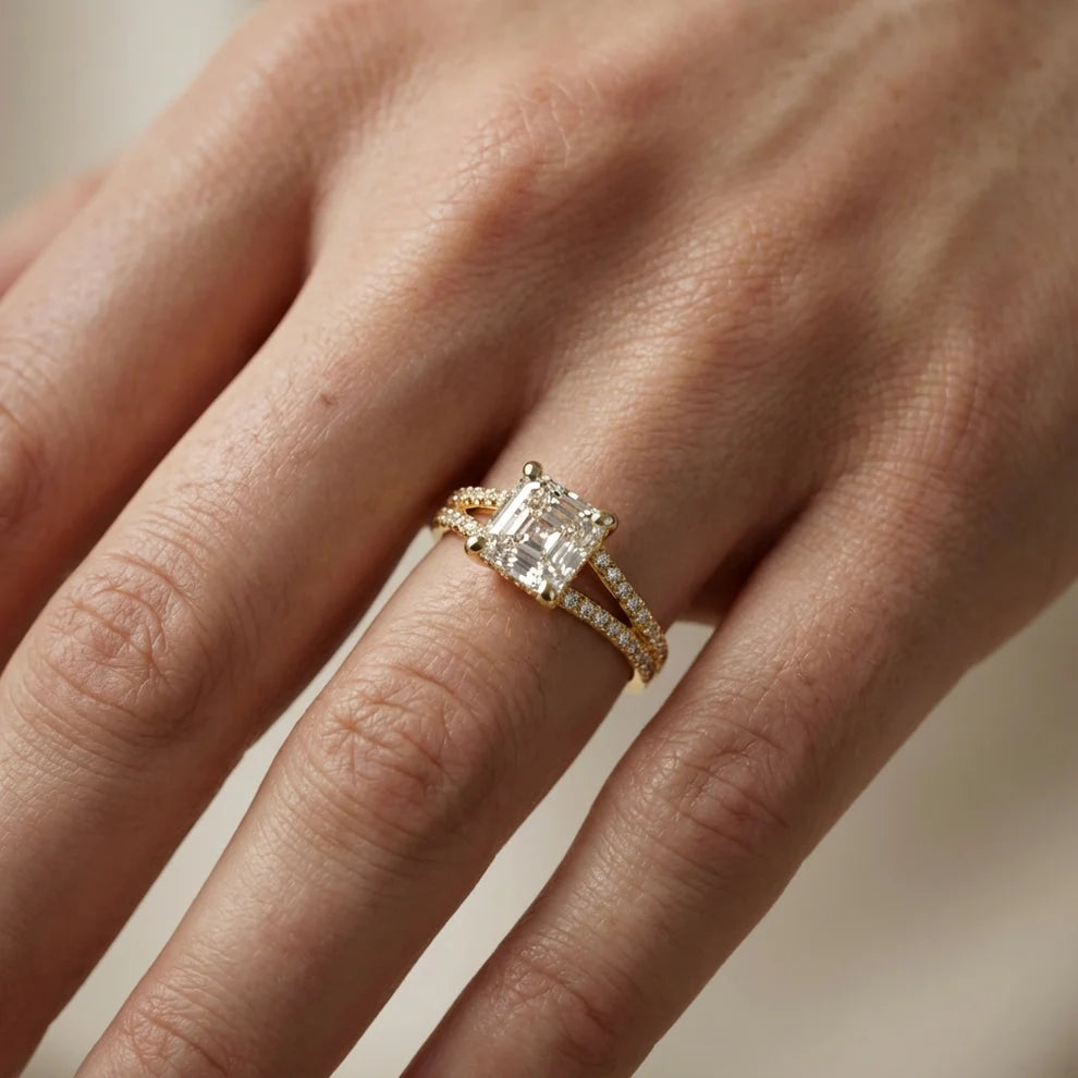 Asscher Cut Pavé Solitaire Engagement Ring – Lab Grown Diamond & Moissanite