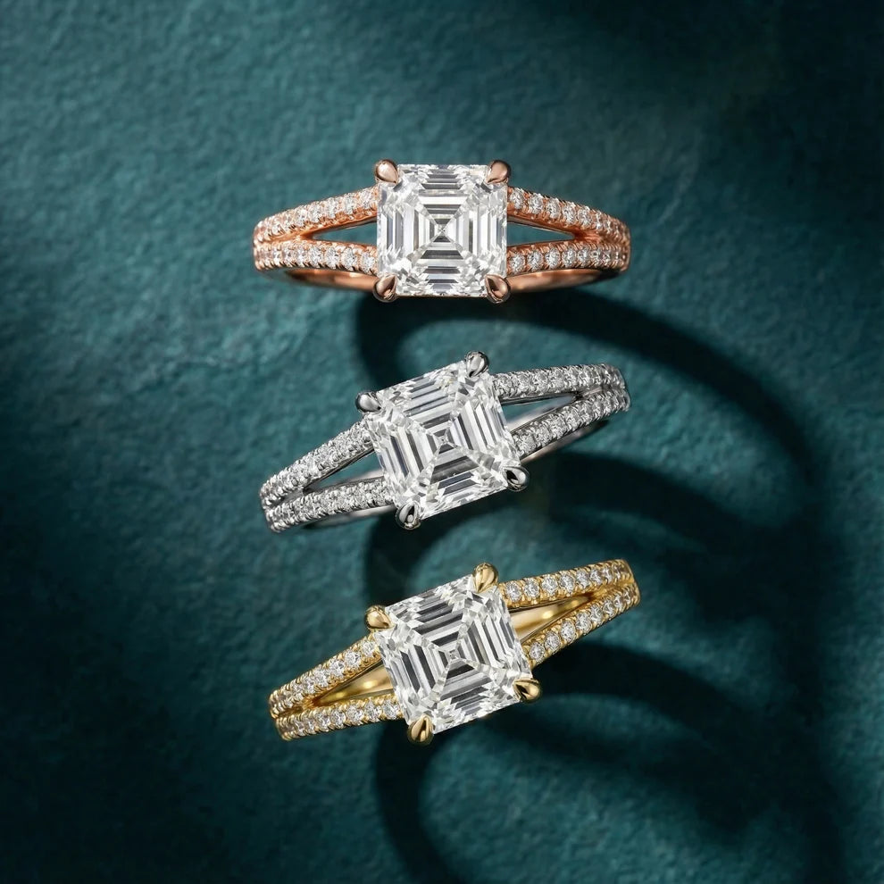 Asscher Cut Pavé Solitaire Engagement Ring – Lab Grown Diamond & Moissanite