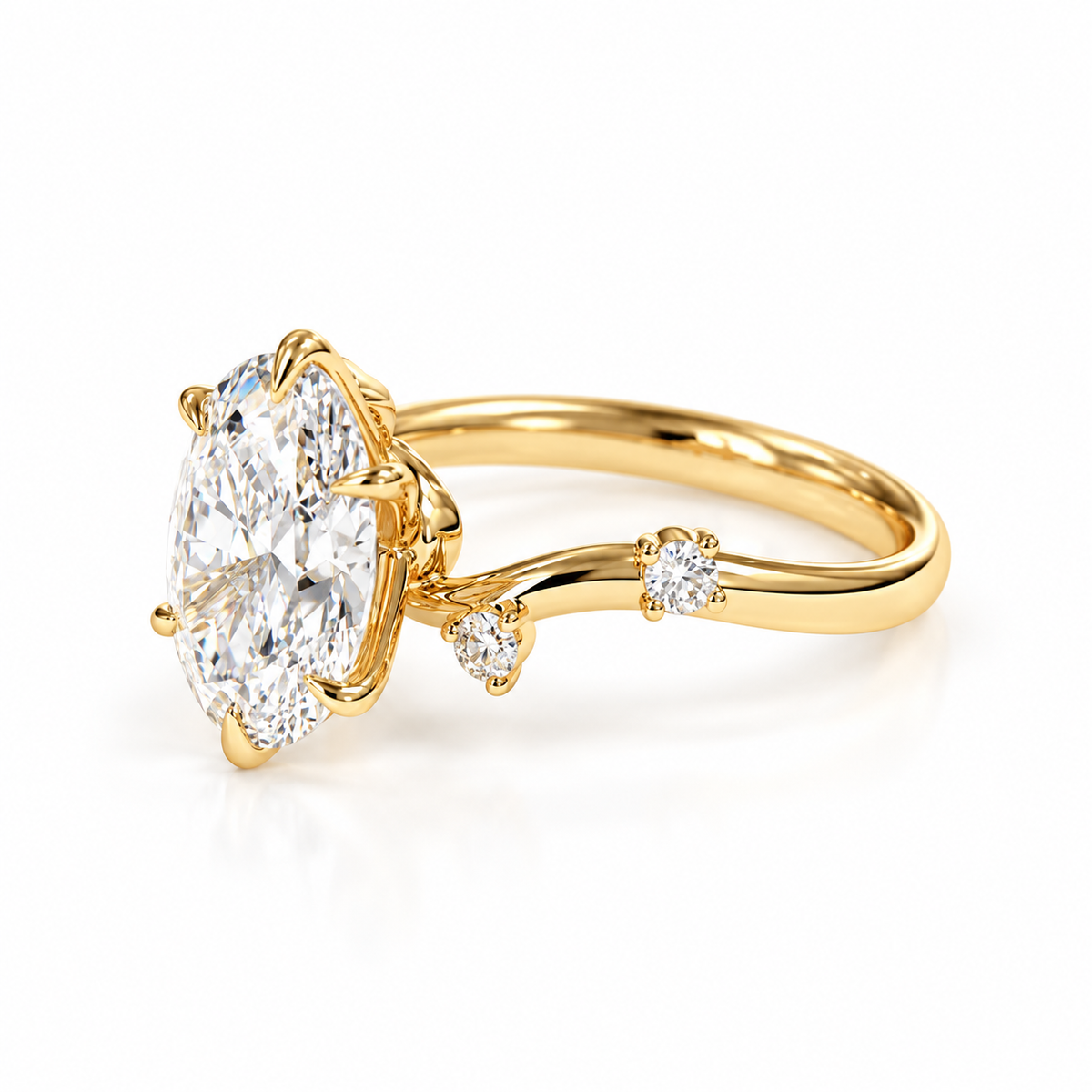 oval lab grown diamond engagement ring in gold, three-quarter view