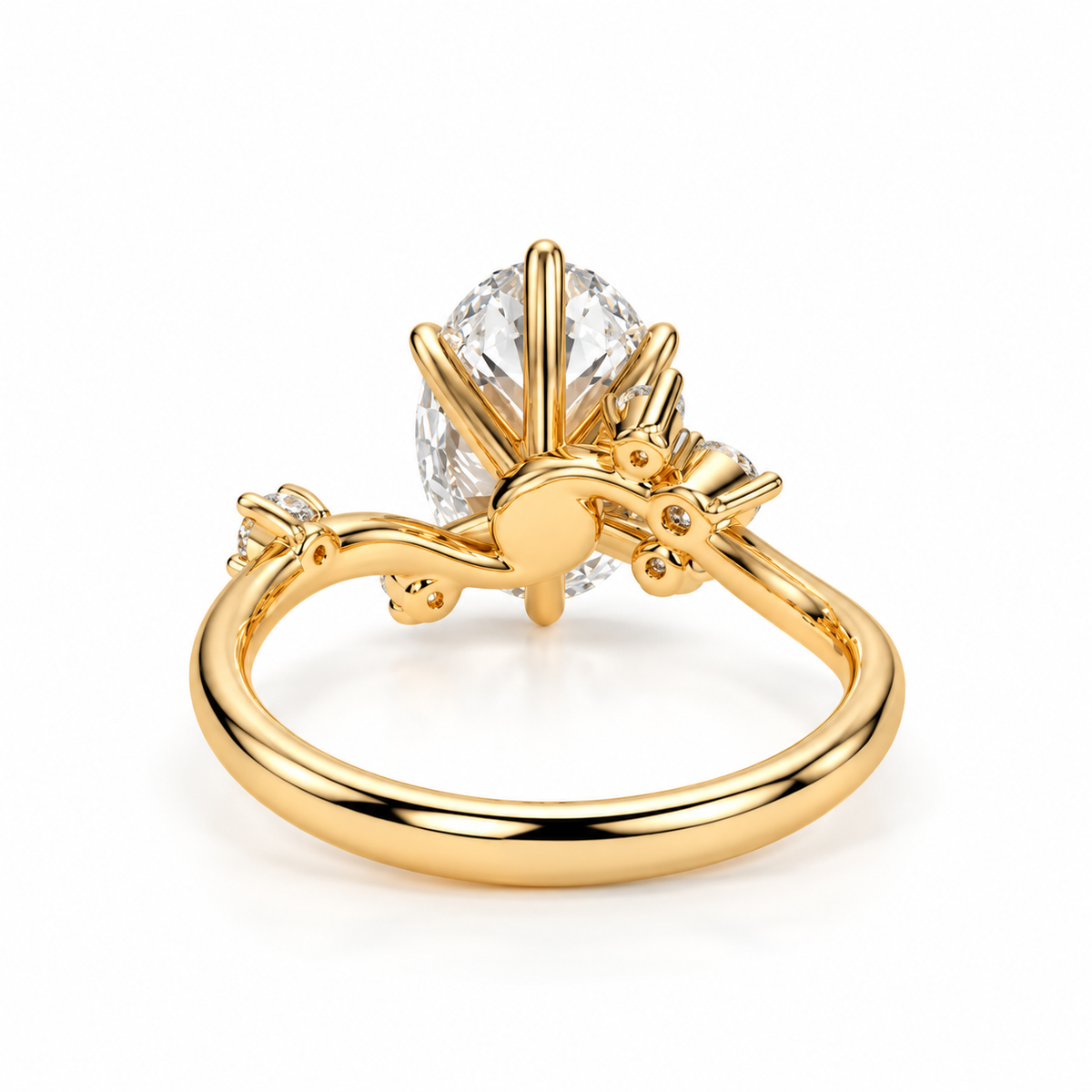 oval lab grown diamond engagement ring in gold, detail of the setting